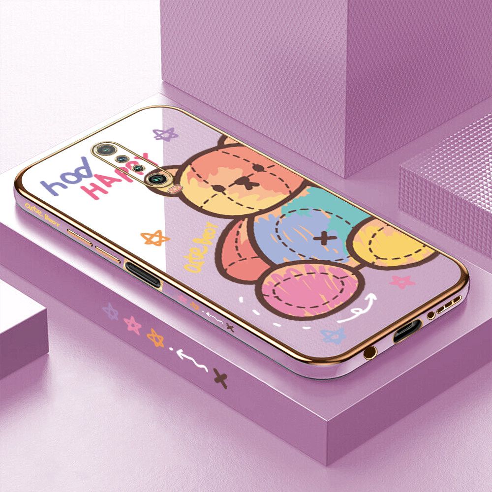 Luxury 6D Plating Case for Xiaomi Poco X2 Color Cartoon Doll Bear Side Pattern Back Cover Soft Silicone Square Frame Shiny Bling Phone Cases + Free Lanyard
