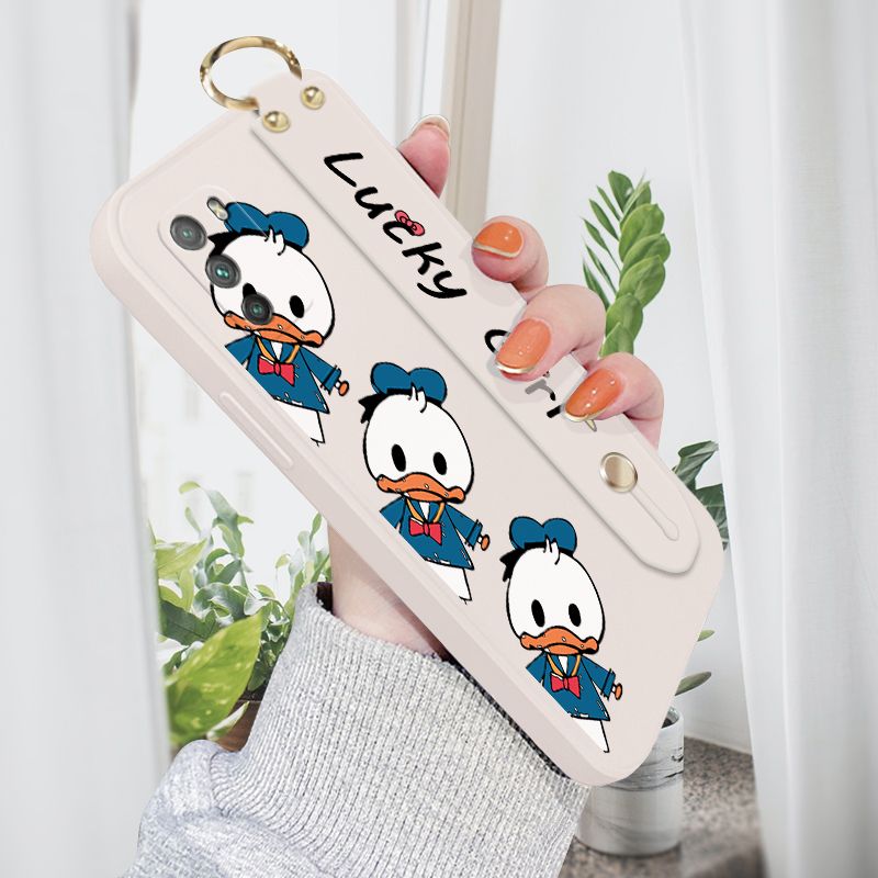 ZeroQiQi for Xiaomi Poco M3 Wrist Strap Case Cute Cartoon Little Duck Phone Case Square Edge Liquid Silicone Case Full Cover Camera Shockproof Protective Cases