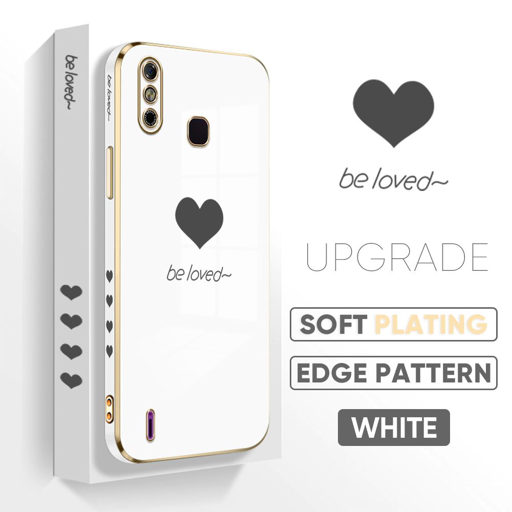 Jizetin (Free Lanyard) Infinix Smart 4 Back Cover Heart loved Luxury 6D Plating Case Side Pattern Soft Silicone Square Phone Cases