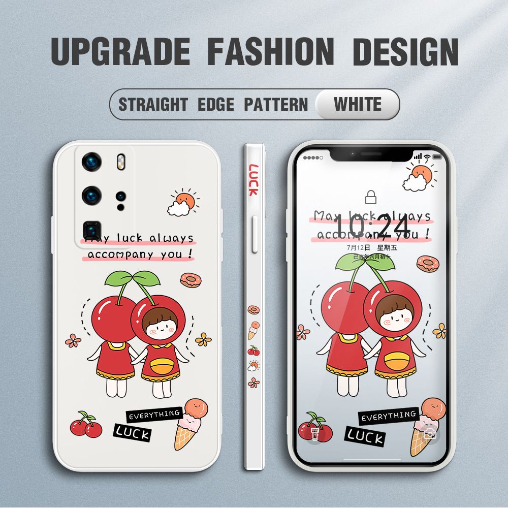 Jizetin for Huawei P40 Pro Case Fashion Cherry Girl Design Side Design Phone Case Square Edge Pattern Liquid Silicone Cases Full Cover Camera Shockproof Protective Case