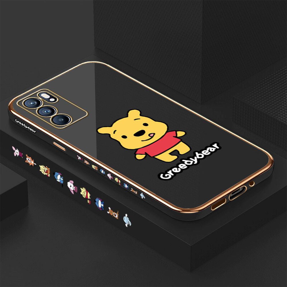 Luxury 6D Plating Case for OPPO Reno6 5G Squirming Little Sweet Bear Side Pattern Back Cover Soft Silicone Square Frame Shiny Bling Phone Cases + Free Lanyard