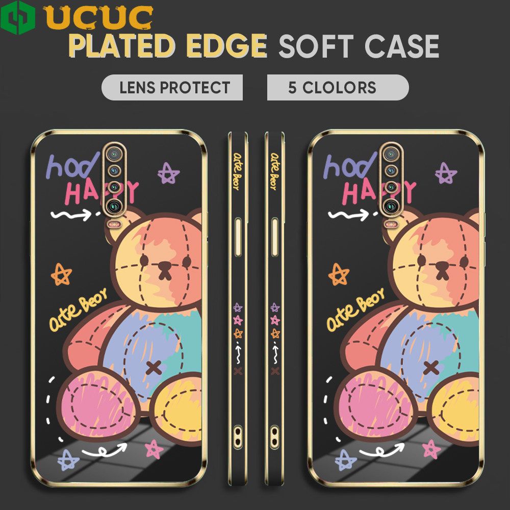 UCUC for Xiaomi Poco X2 / Redmi K30 Back Cover + Free Lanyard Colorful Muppet Bear Luxury 6D Plating Case Side Pattern Soft Silicone Square Phone Cases