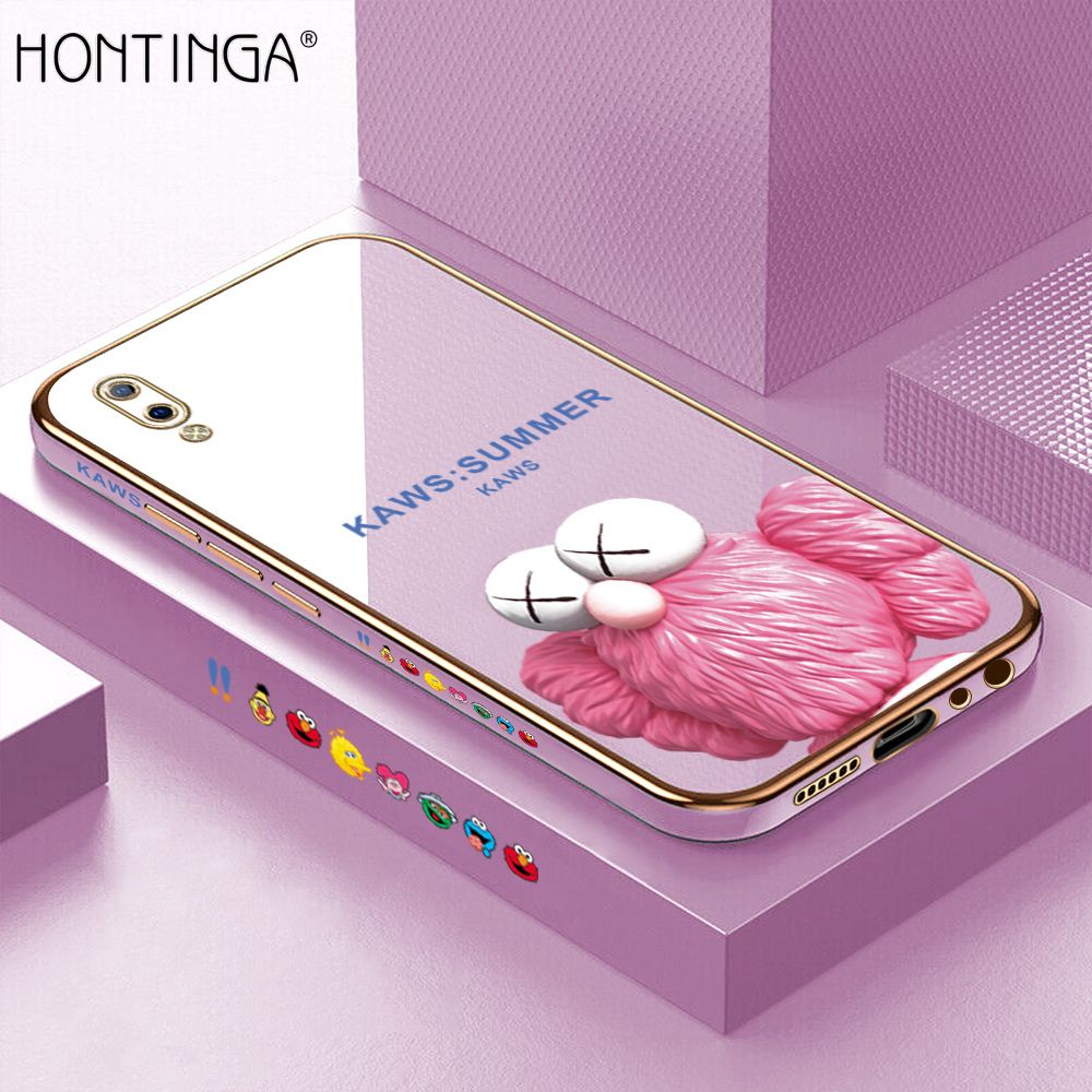 Hontinga for Vivo Y93 Luxury 6D Plating Soft Casing Silicone Square Frame Phone Case Shiny Bling Back Cover Pink Doll Side Pattern Case