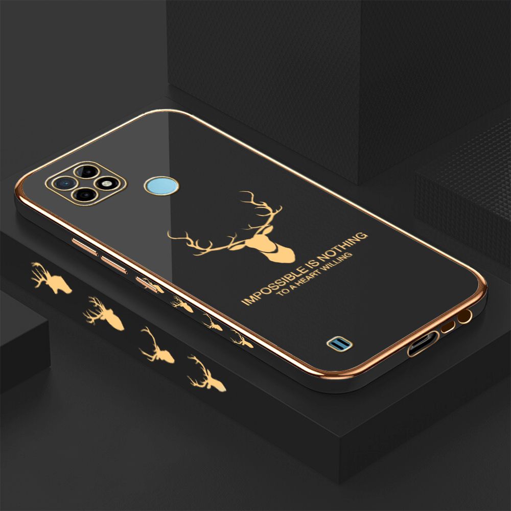 Luxury 6D Plating Case for Realme C25Y Alphabet Lucky Deer Side Pattern Back Cover Soft Silicone Square Frame Shiny Bling Phone Cases + Free Lanyard