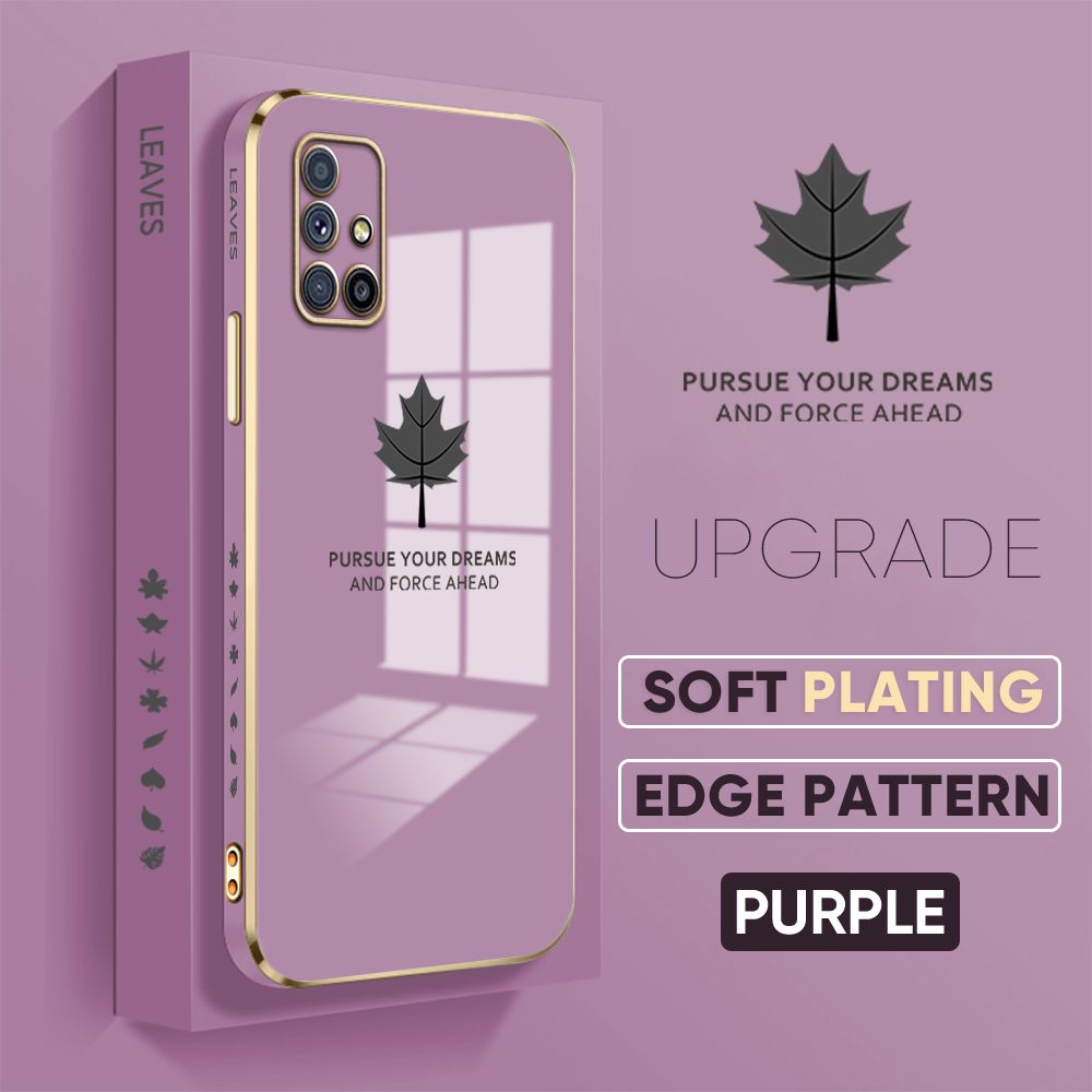 Jizetin (Free Lanyard) Samsung M51 Cover Maple Leaf Luxury 6D Plating Soft Casing Silicone Square Frame Phone Case Shiny Bling Back Cover