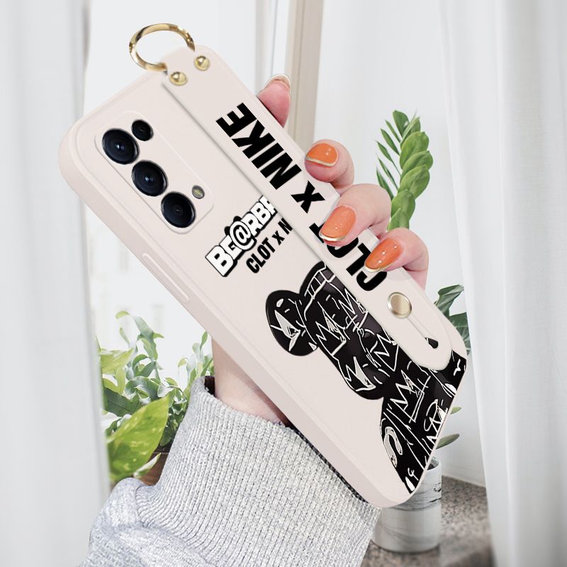 Jizetin for OPPO Reno5 Wrist Strap Case Creative Cartoon Black Stitching Bear Cover Ultra Thin Anti Fall Liquid Silicone Phone Case