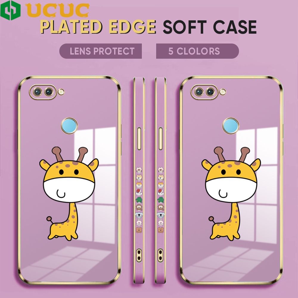 UCUC for OPPO F9 / Realme U1 / Realme 2 Pro Back Cover + Free Lanyard Big Head Giraffe Luxury 6D Plating Case Side Pattern Soft Silicone Square Phone Cases