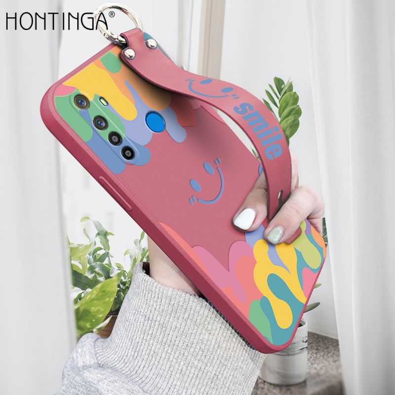Hontinga for Realme 5i Wrist Strap Case Soft Candy Color Splash Ink Cover Trend Square Printed Pattern Liquid Silicone Phone Case
