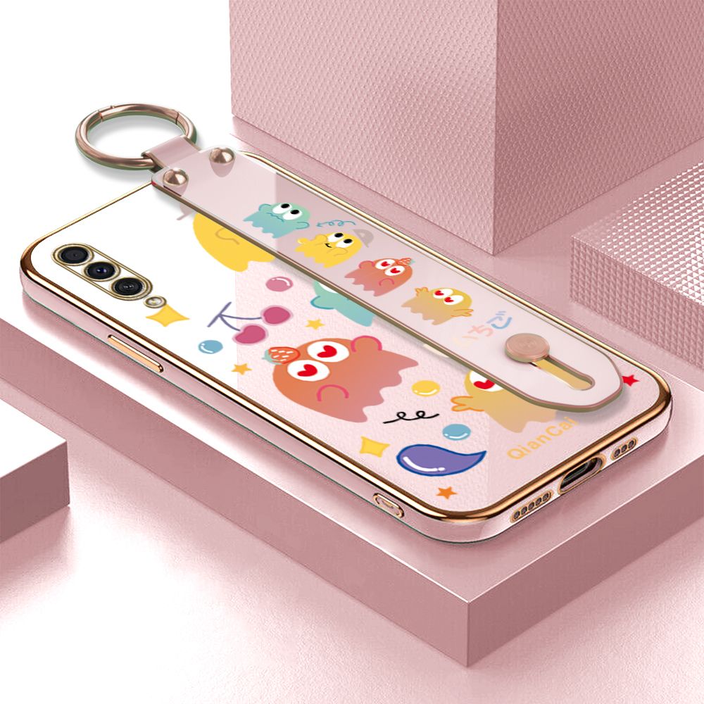 Jizetin for Samsung Galaxy A30S / A50 / A50S Back Cover Bean Monster Luxury 6D Plating Wrist Strap Phone Cases Soft Silicone Square Mobile Phone Case