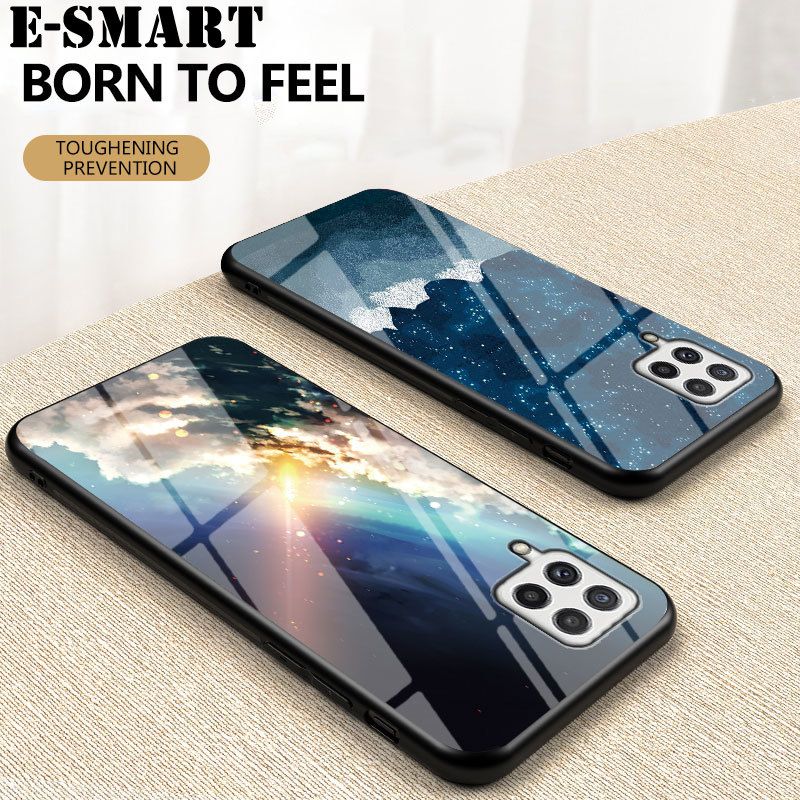 Phone Case Samsung Galaxy M22 4G Back Cover Starry Moon and Star Tempered Glass Protector Couple Phone Cases for Samsung Galaxy M22 4G Case