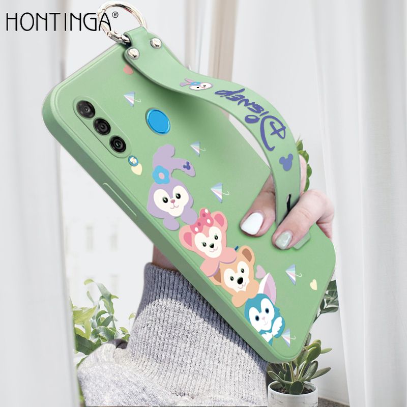 Hontinga for Honor 10 Wrist Strap Case INS Cute Style Creative Cartoon Rabbit and Fox Cover Thin Square Edge Liquid Silicone Phone Case