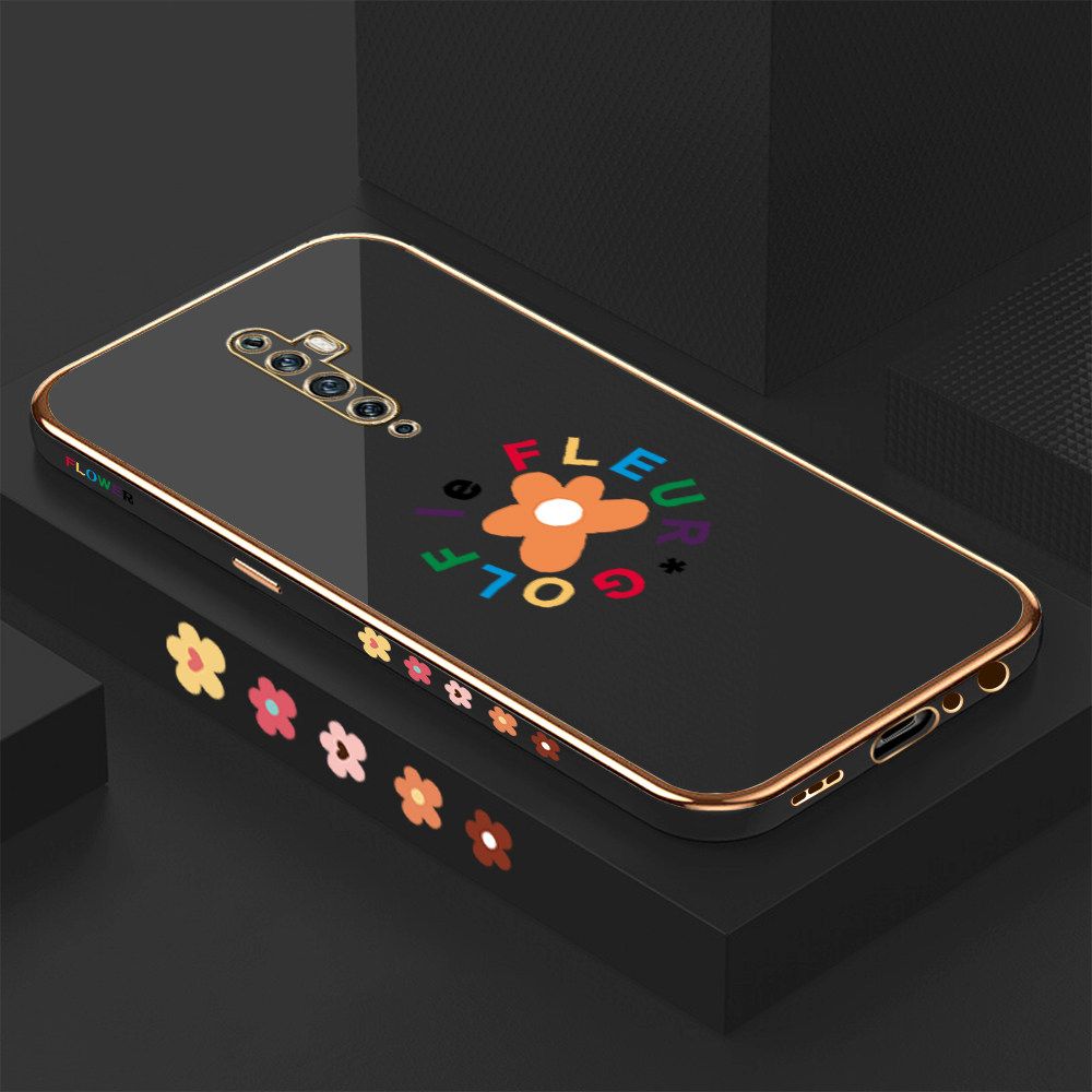 Luxury 6D Plating Case for OPPO Reno2 F Cartoon Flower Side Pattern Back Cover Soft Silicone Square Frame Shiny Bling Phone Cases + Free Lanyard