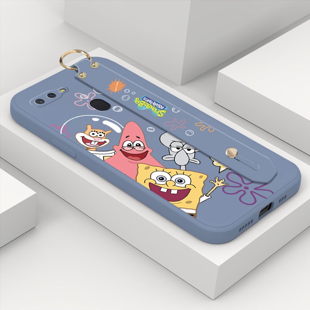 ZeroQiQi for OPPO F9 Wrist Strap Case Cute Cute Funny Cartoon Sponge for Square Pants Cover Square Edge Liquid Silicone Anti-drop Phone Case