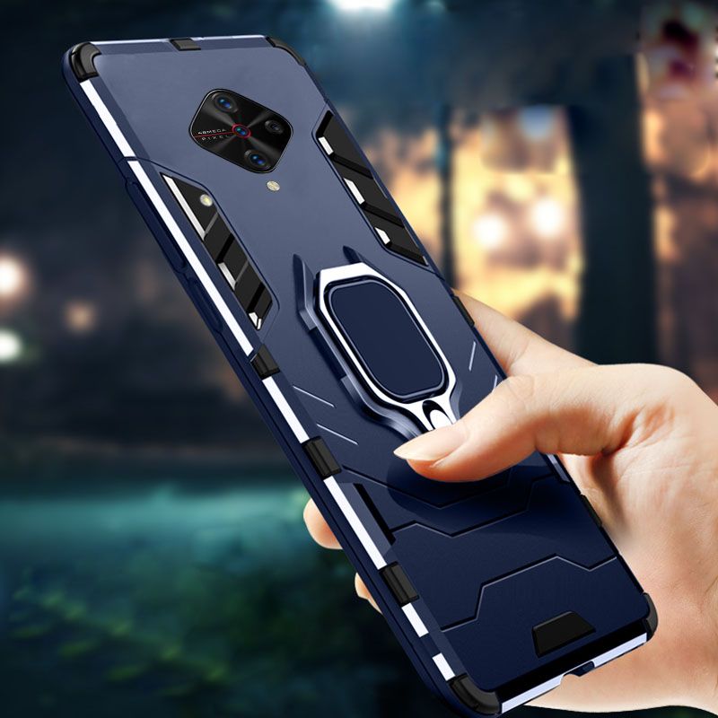 Biruiqu For VIVO S1 Pro Soft TPU+Hard PC Black Panther Shockproof Slim Protective Case Cover with Kickstand