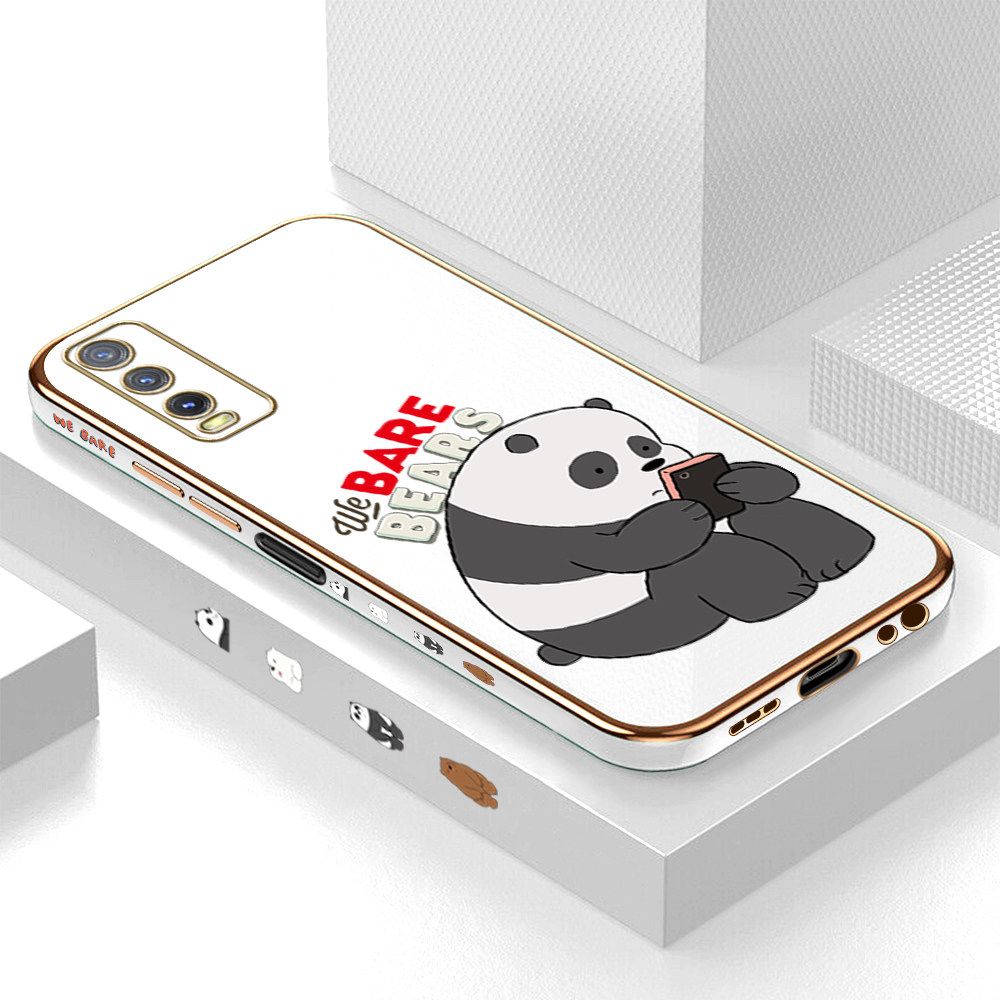 Luxury 6D Plating Case for Vivo Y20 Cartoon Panda Side Pattern Back Cover Soft Silicone Square Frame Shiny Bling Phone Cases + Free Lanyard