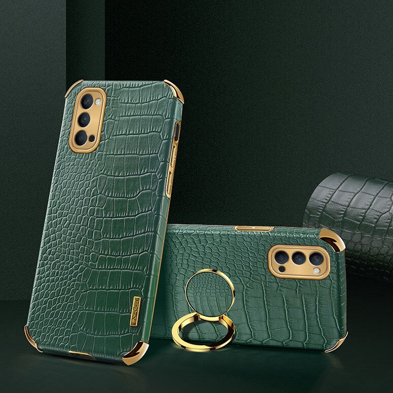 Luxury Plated Crocodile Pattern Leather Holder Phone Case For OPPO Reno4 5G Magentic Car Ring Stand Cover