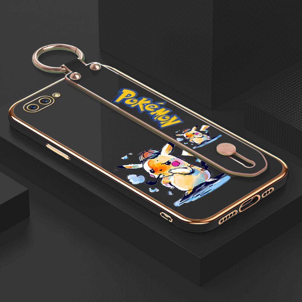 UCUC for OPPO A3S / A12E / Realme C1 Wrist Strap Back Cover + Free Lanyard Pikachu Fashion Luxury 6D Plating Soft Casing Silicone Square Frame Phone Case
