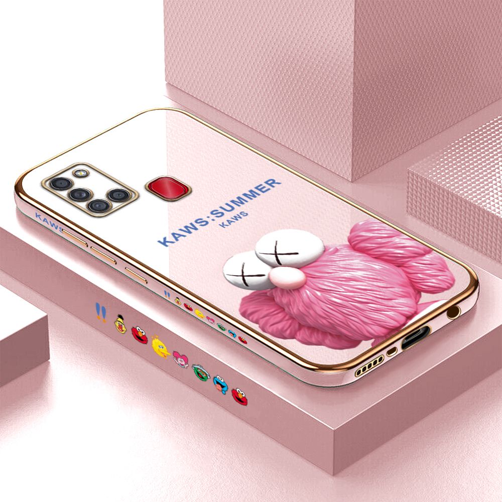 Luxury 6D Plating Case for Samsung A21S Pink Doll Side Pattern Back Cover Soft Silicone Square Phone Cases + Free Lanyard