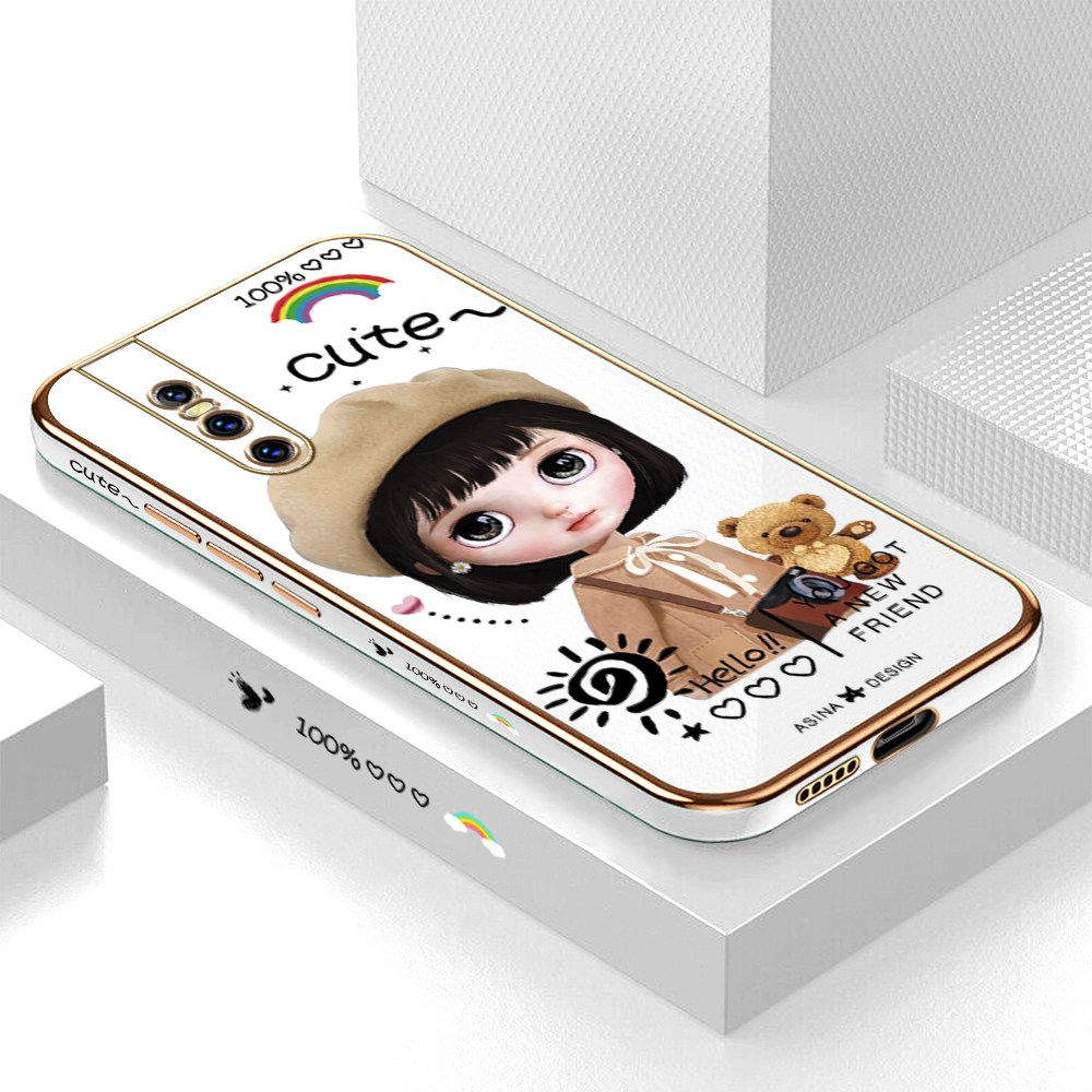 Luxury 6D Plating Soft Casing Silicone Square Frame Phone Case For Vivo V15 Pro Case Shiny Bling Back Cover Cute Girl With Shoulder Bag Square Edge Pattern Design Soft Case + Free Lanyard
