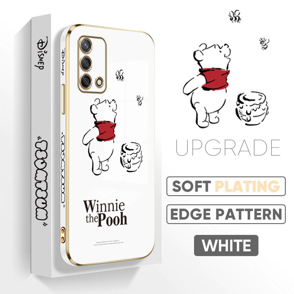 Jizetin (Free Lanyard) OPPO F19 / OPPO A74 / OPPO A95 Back Cover Honeypot Pooh Luxury 6D Plating Case Side Pattern Soft Silicone Square Mobile Phone Cases