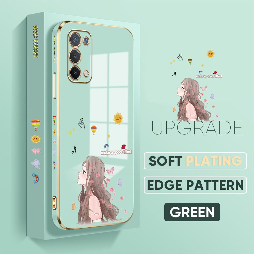 TA for OPPO A74 5G Back Cover + Free Lanyard Charming Girl Luxury 6D Plating Case Side Pattern Soft Silicone Square Phone Cases