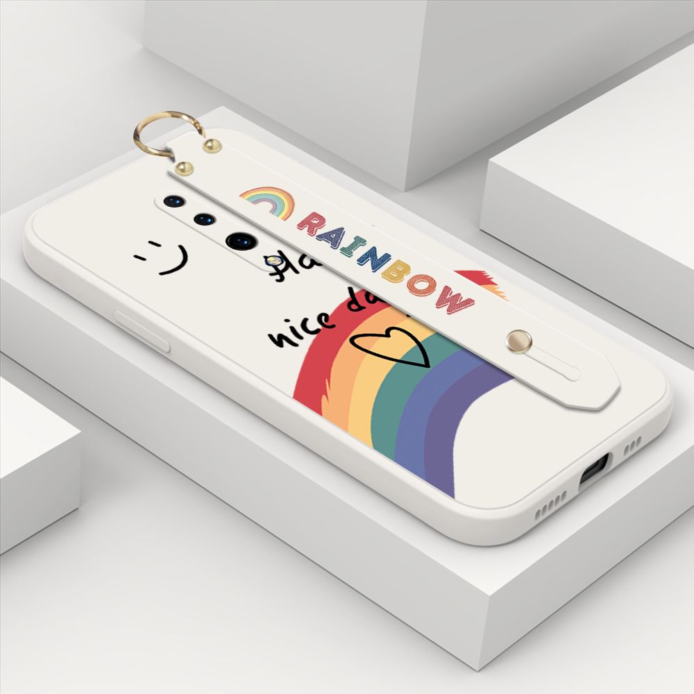 ZeroQiQi for OnePlus 7 Pro Wrist Strap Case Lovely Graffiti Rainbow Smile Thin Phone Cover Square Edge Liquid Silicone Creativity Phone Case