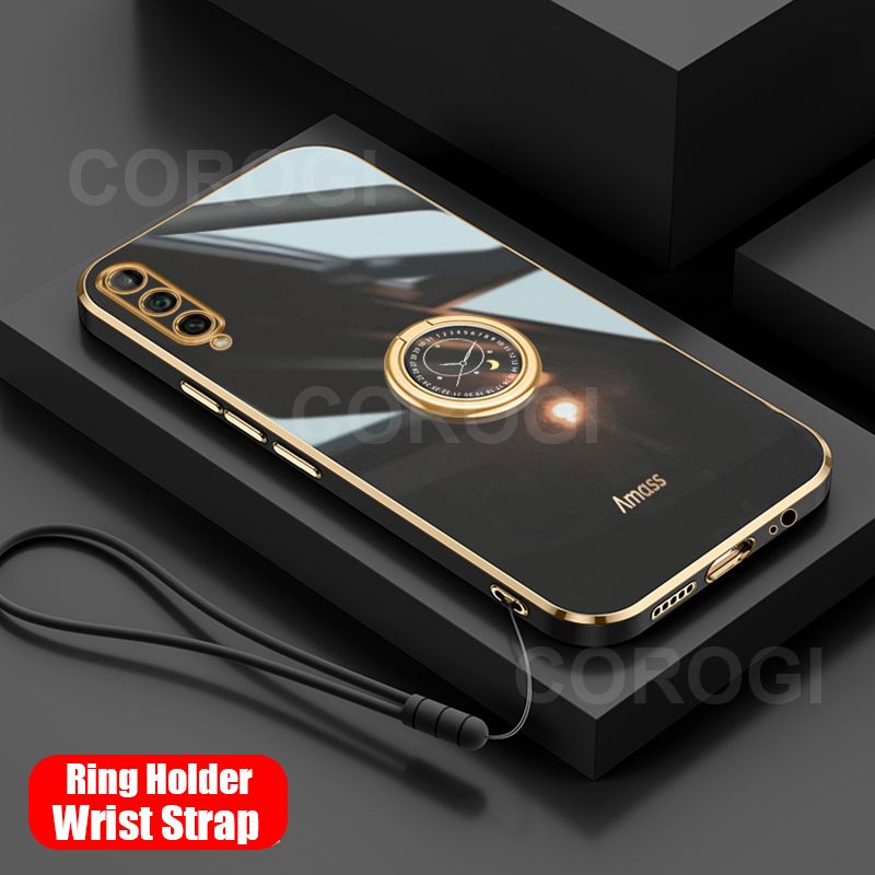 For Samsung Galaxy A7 2018 Back Cover with Ring Holder Stand + Wrist Strap Shiny Plating Square Bumper Protective Case Soft Silicone Shockproof Mobile Phone Cases