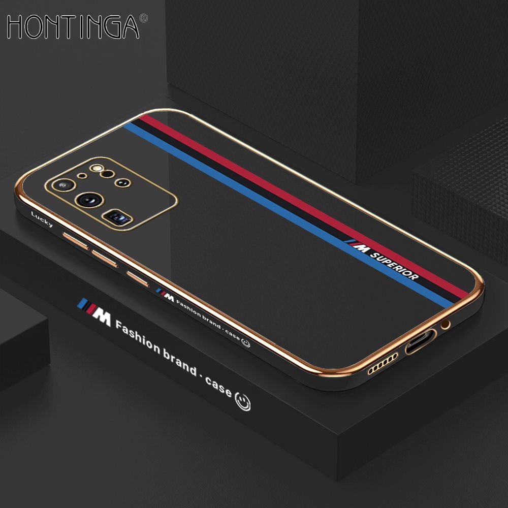 Hontinga for Samsung Galaxy S20 Ultra Back Cover + Free Lanyard Luxury 6D Plating Fashion Racing Side Pattern Case Soft Silicone Square Mobile Cover