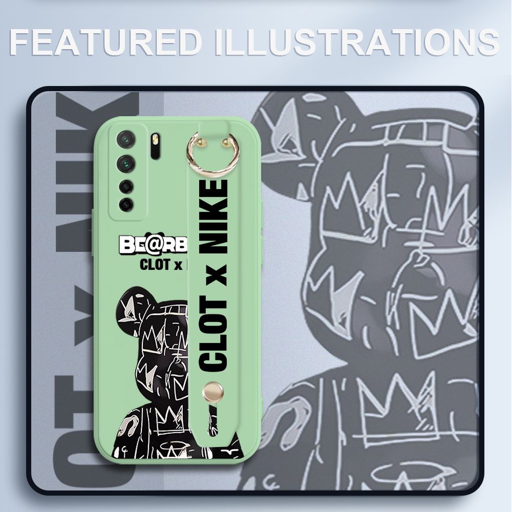 UCUC for Huawei Nova 7 SE Wrist Strap Case Creative Cartoon Black Stitching Bear Cover Ultra Thin Anti Fall Liquid Silicone Phone Case