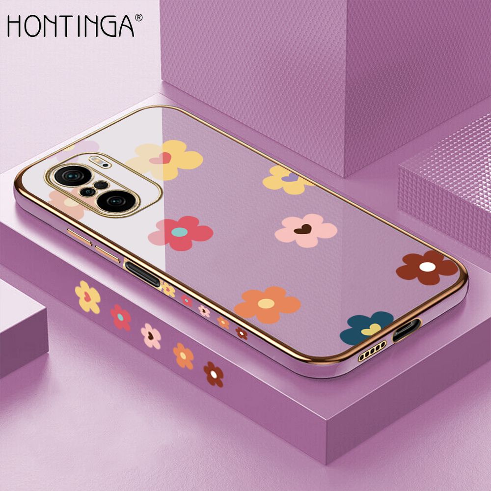 Hontinga for Xiaomi Poco F3 / Mi 11x / Redmi K40 / K40 Pro Case Luxury 6D Plating Soft Casing Silicone Square Frame Phone Cases Shiny Bling Cute Side Print Small flowers Back Cover