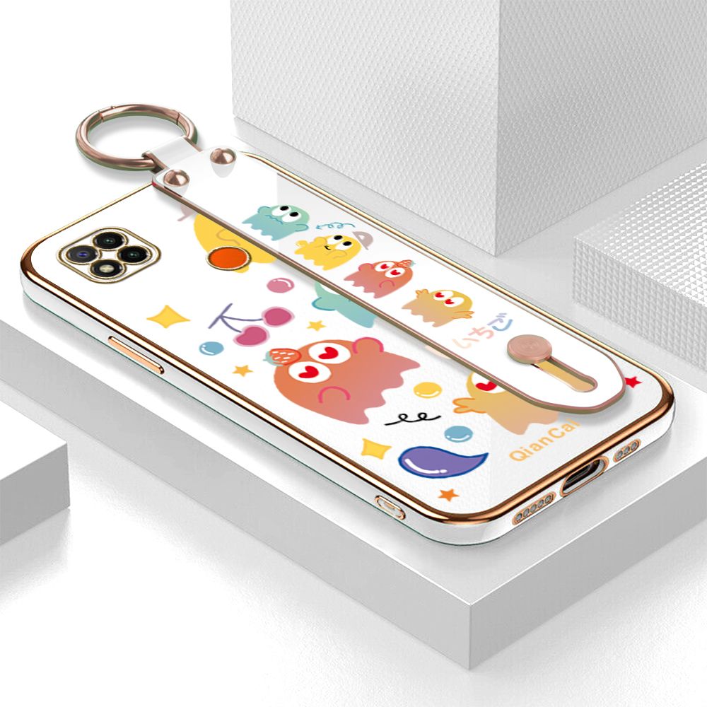 Jizetin for Redmi 9C / Redmi 10A Back Cover Bean Monster Luxury 6D Plating Wrist Strap Phone Cases Soft Silicone Square Mobile Phone Case