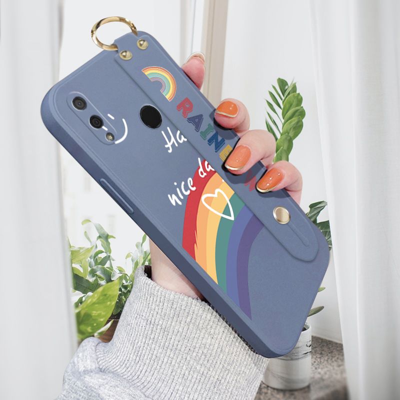 Jizetin for Huawei Y9 2019 Wrist Strap Case INS Style Smile Rainbow Cover Ultra Thin Anti Fall Liquid Silicone Phone Case