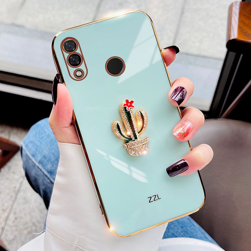 For Huawei Nova 3i Cover Fashion Rhinestone 3D Cactus Shiny Plating Square Bumper Phone Case Soft Silicone Shockproof Protective Back Cover