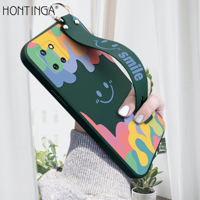 Hontinga for Samsung Galaxy Note 10 Lite Wrist Strap Case Soft Candy Color Splash Ink Cover Trend Square Printed Pattern Liquid Silicone Phone Case