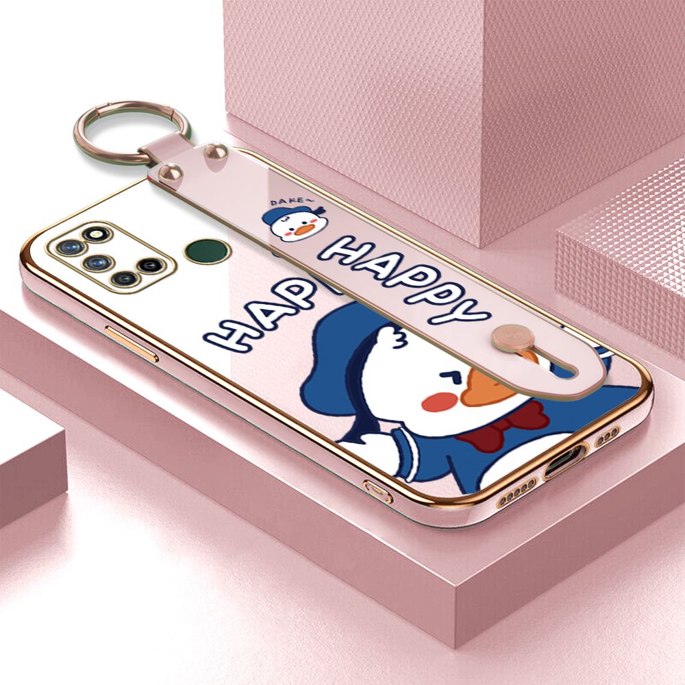 TA for Realme 7i / Realme C17 Wrist Strap Back Cover Cute Duck Fashion Luxury 6D Plating Soft Casing Silicone Square Frame Phone Case