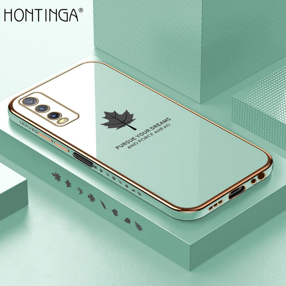 Hontinga for Vivo Y20SG Luxury 6D Plating Soft Casing Silicone Square Frame Phone Case Shiny Bling Back Cover Maple Leaf Side Pattern Case