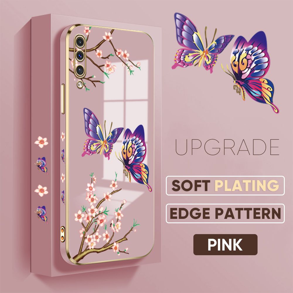 Jizetin (Free Lanyard) Samsung Galaxy A50 A50S A30S Back Cover Peach Blossom and Butterfly Luxury 6D Plating Case Side Pattern Soft Silicone Square Mobile Phone Cases