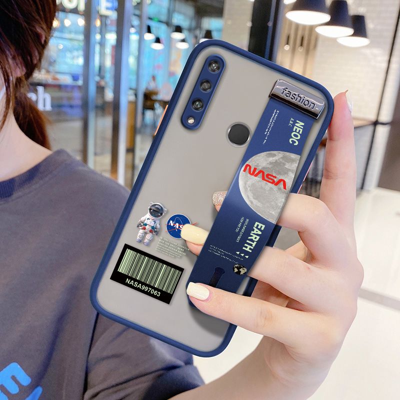 UCUC for Huawei Y6P Wrist Strap Case Creative Cartoon Astronaut Wristband Printing Cover Shockproof Frosted Phone Case