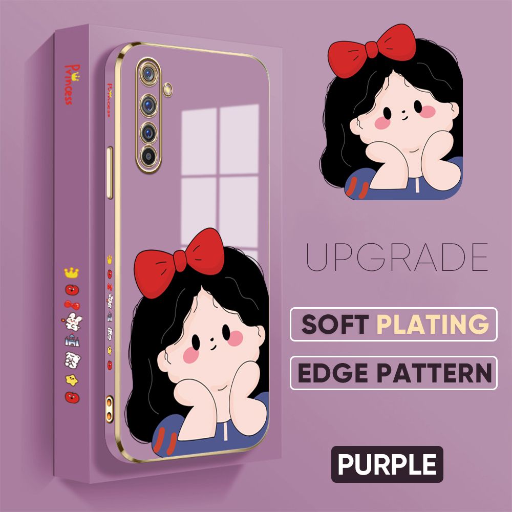 Jizetin (Free Lanyard) Realme 6 Pro Back Cover Cute Princess Luxury 6D Plating Case Side Pattern Soft Silicone Square Phone Cases
