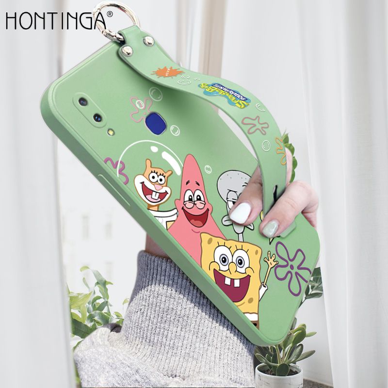 Hontinga for Vivo V11I Wrist Strap Case Cute Cute Funny Cartoon Sponge for Square Pants Cover Square Edge Liquid Silicone Anti-drop Phone Case