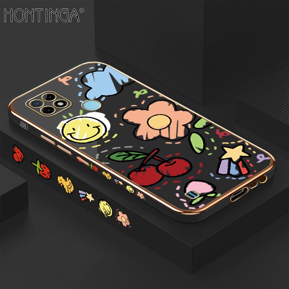 Hontinga for Realme C21Y C25Y Back Cover + Free Lanyard Luxury 6D Plating Cartoon Cherry Peach Side Pattern Case Soft Silicone Square Mobile Cover