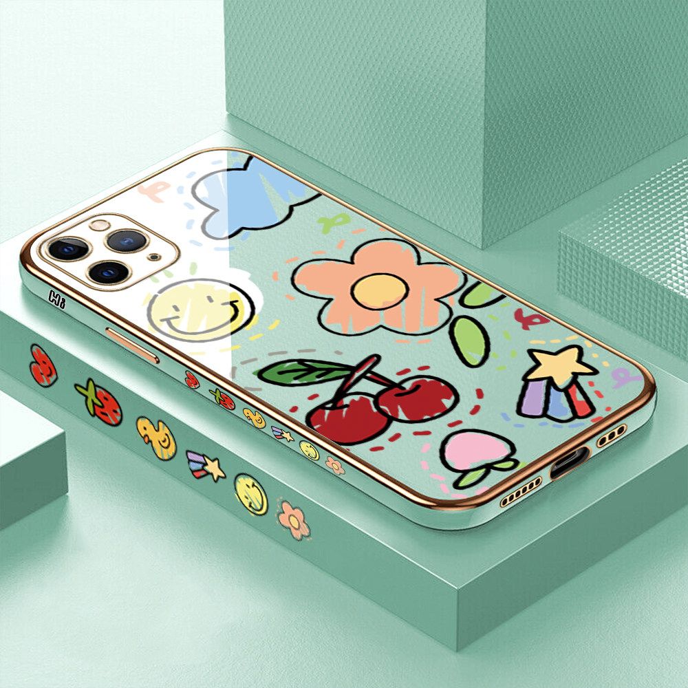 Luxury 6D Plating Case for iPhone 11 Pro Color Cartoon cherry Peach Side Pattern Back Cover Soft Silicone Square Frame Shiny Bling Phone Cases + Free Lanyard