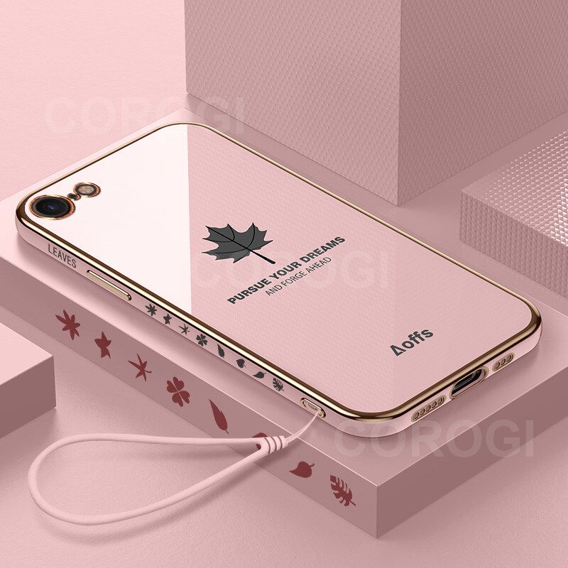 For iPhone 8 / iPhone 7 Back Cover + Wrist Strap Fashion Shiny Maple leaf Plating Square Bumper Phone Case Soft TPU Silicone Shockproof Protective Cover