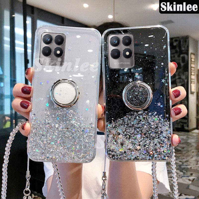 Phone Case for Realme Narzo 50 Glitter Starry Sky Bling Ring Lanyard Shiny Soft Cases for Realme Narzo 50 Transparent Holder Stand Back Cover Stars Girls