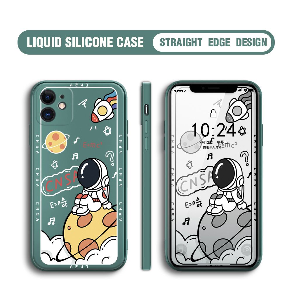 BILI for iPhone 12 Back Cover Little Astronaut Sit In Planet Multicolor Liquid Silicone Phone Case Soft Square Lens Protection Phone Cases