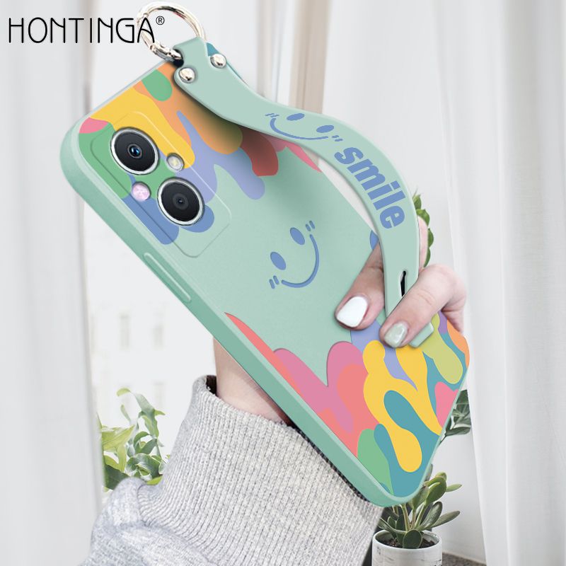 Hontinga for OPPO A96 5G / Reno7 Z 5G Back Cover Wrist Strap Soft Candy Color Splash Ink Case Square Printed Pattern Liquid Silicone Phone Cases