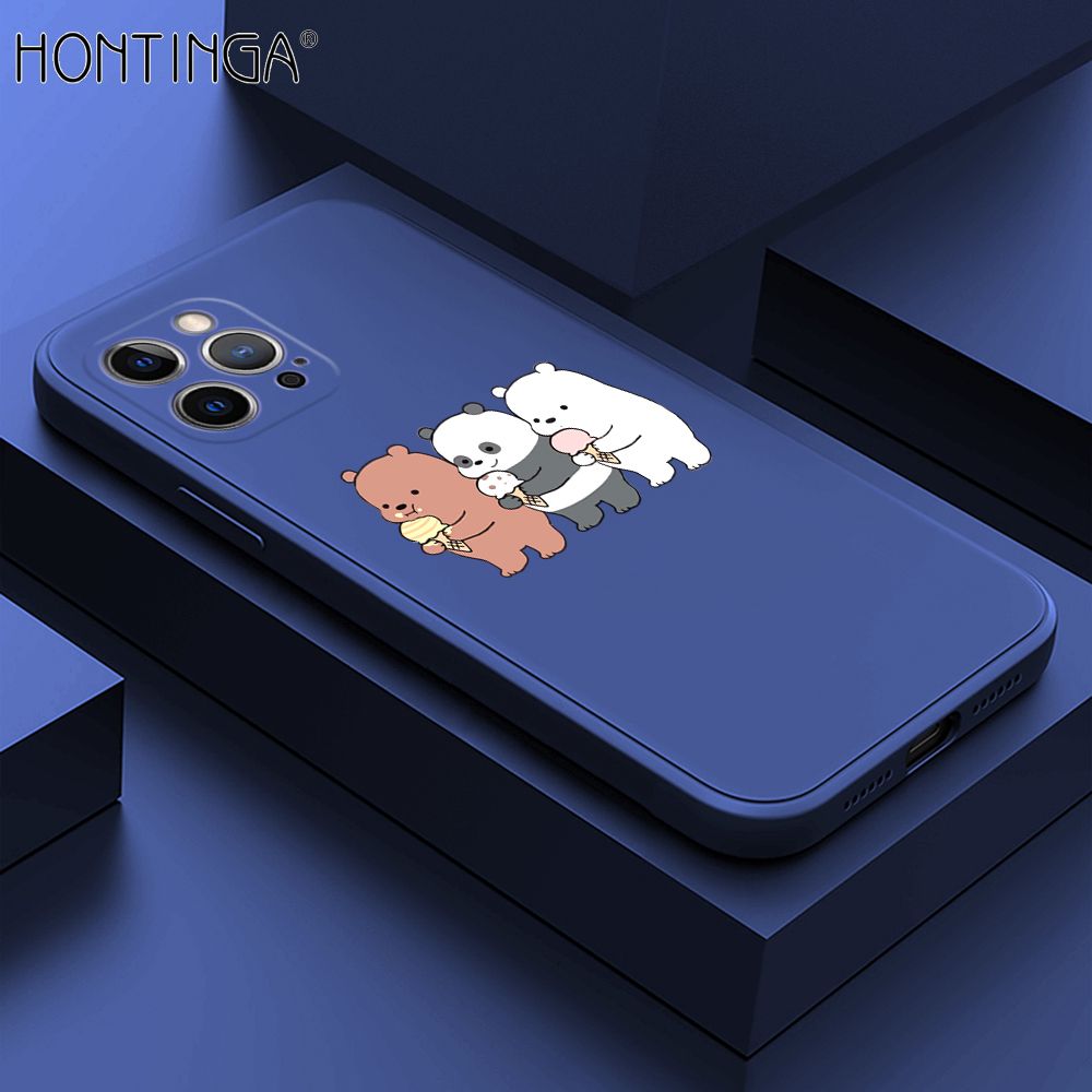 Hontinga for iPhone 12 Pro Max Case Cute Cartoon Bear  Phone Case Soft Square Edge Silicone Cases Full Lens Cover Shockproof Protection Cover