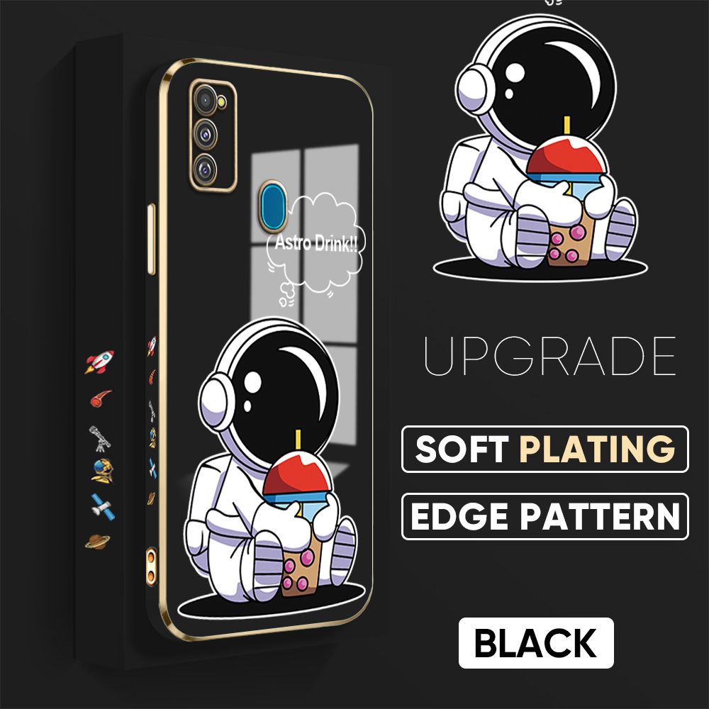 TA for Samsung Galaxy M21 M30S Back Cover + Free Lanyard Cute Astronaut Luxury 6D Plating Case Side Pattern Soft Silicone Square Phone Cases