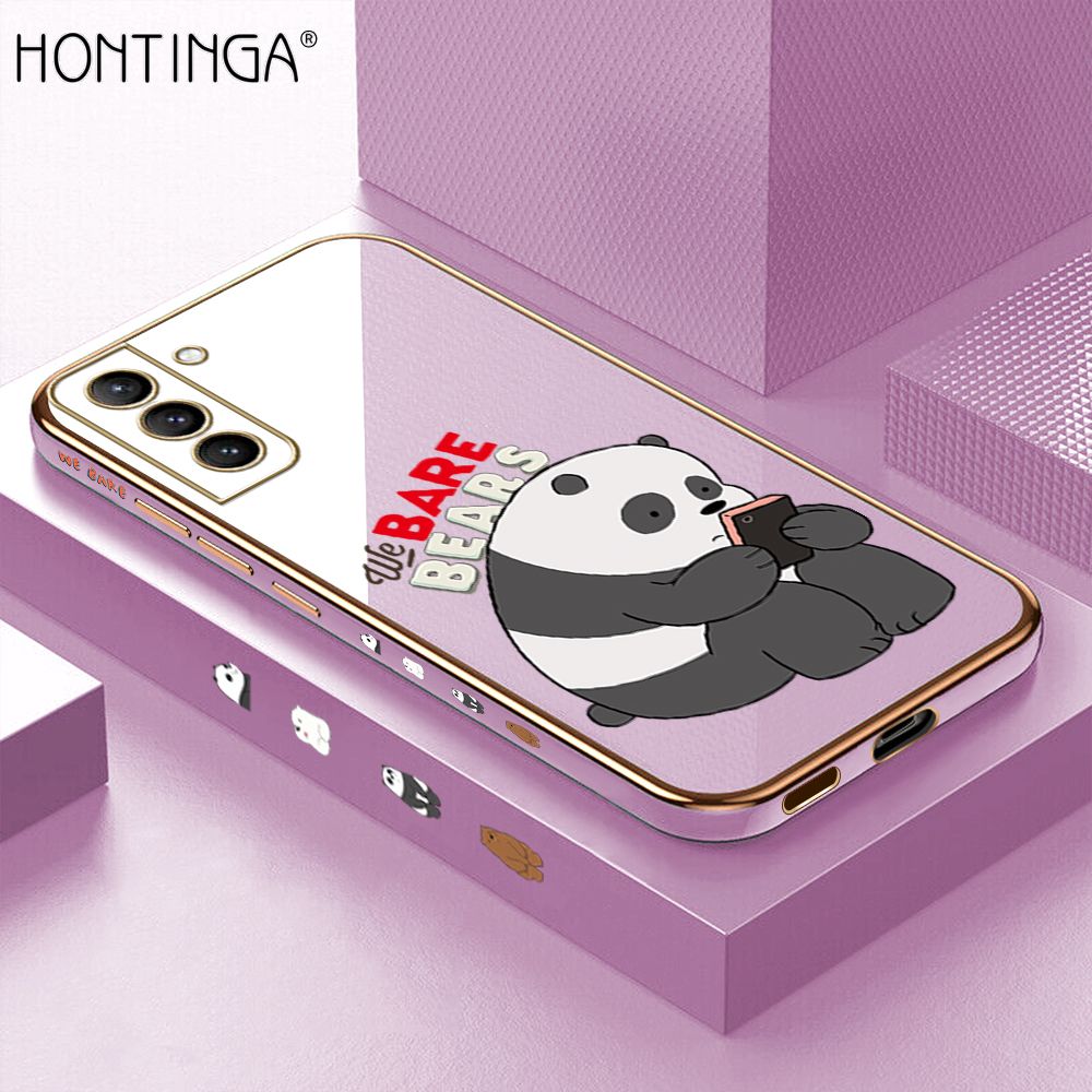 Hontinga for Samsung S21 Plus 5G Back Cover + Free Lanyard Luxury 6D Plating Cute Cartoon Panda Side Pattern Case Soft Silicone Square Mobile Cover