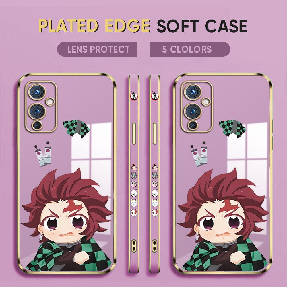 Luxury 6D Plating Case for OnePlus 8 Pro Phone Cases Cartoon Anime Demon Slayer Side Print Soft Silicone Square Back Cover